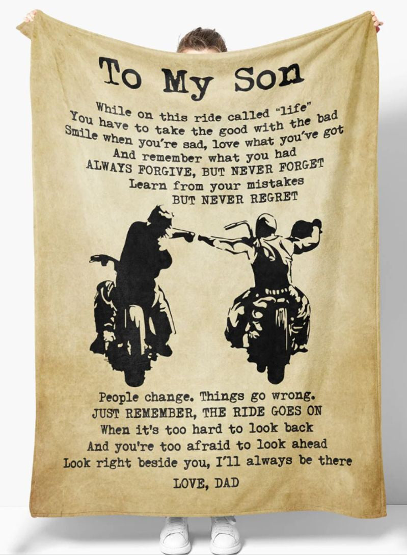 Bikergod Motorcycle Gift For Son From Dad Just Remember The Ride Goes On Blanket NAIA28