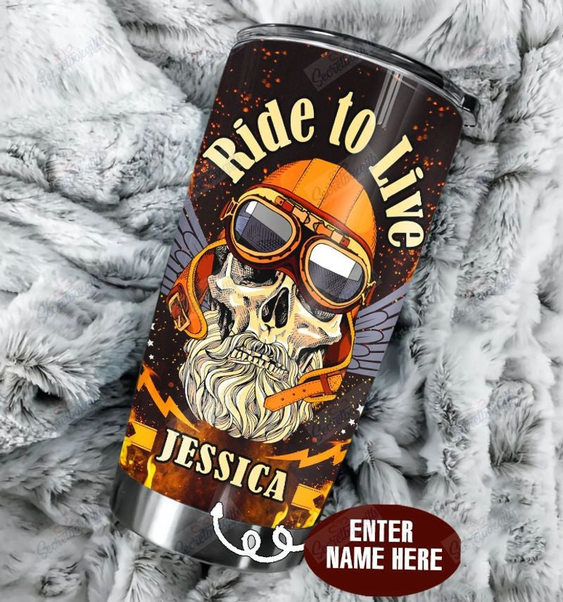 Bikergod Motorcycle Skull Biker Ride To Live Custom Name Stainless Steel 20 Oz Tumbler- NAIA341