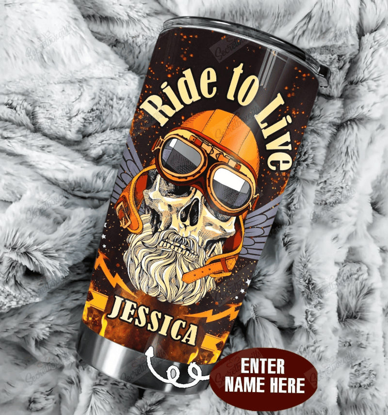 Bikergod Motorcycle Skull Biker Ride To Live Custom Name Stainless Steel 20 Oz Tumbler- NAIA341