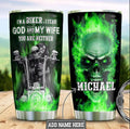 Bikergod Motorcycle couple Skull green fire I AM A Biker Custom Name Stainless Steel 20 Oz Tumbler- NAIA340