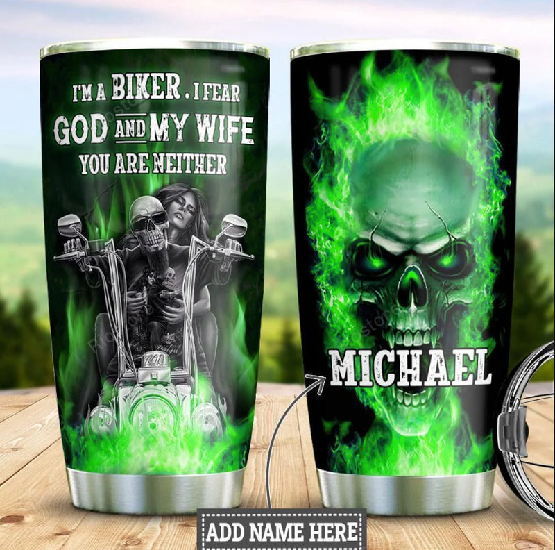 Bikergod Motorcycle couple Skull green fire I AM A Biker Custom Name Stainless Steel 20 Oz Tumbler- NAIA340