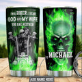 Bikergod Motorcycle couple Skull green fire I AM A Biker Custom Name Stainless Steel 20 Oz Tumbler- NAIA340