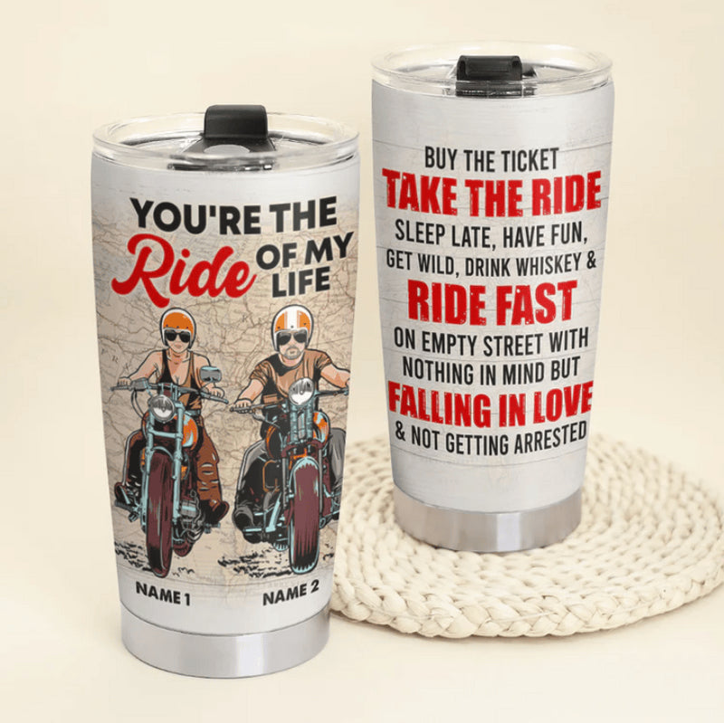 Bikergod Motorcycle Biker Couple Buy The Ticket Take The Ride You're My Ride Of My Life Custom Names Steelers Stainless Steel 20 Oz Tumbler- NASA100