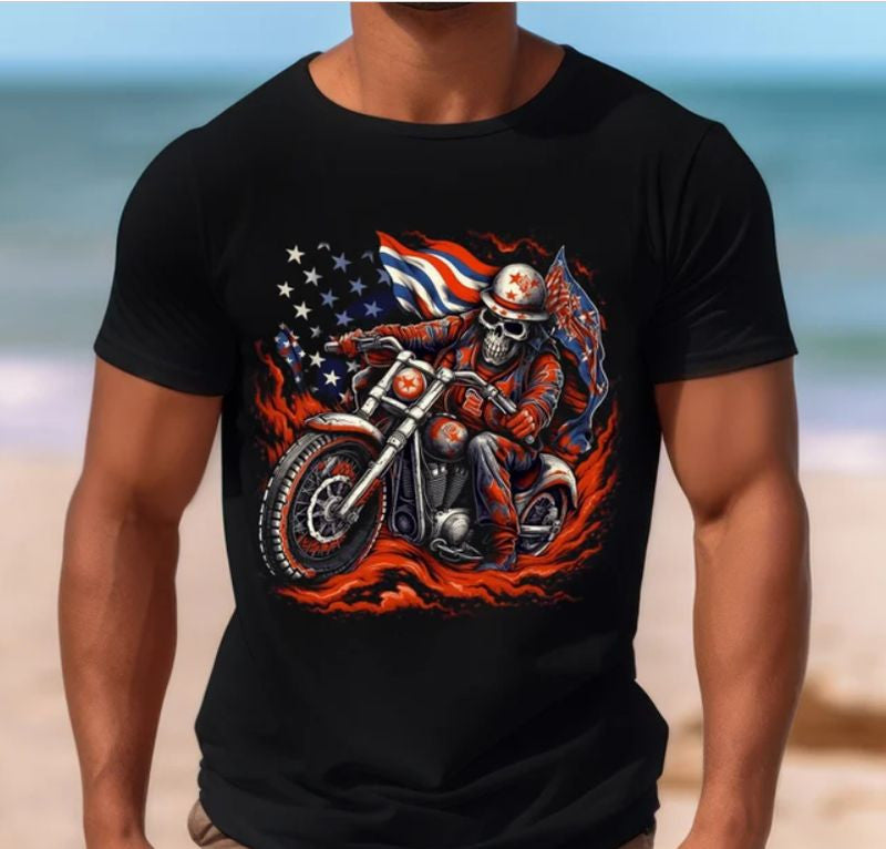 Bikergod Motorcycle Skull Biker 4th of July Independence Day T-shirt Design 2D Full Printed Sizes S - 5XL - NAIA359