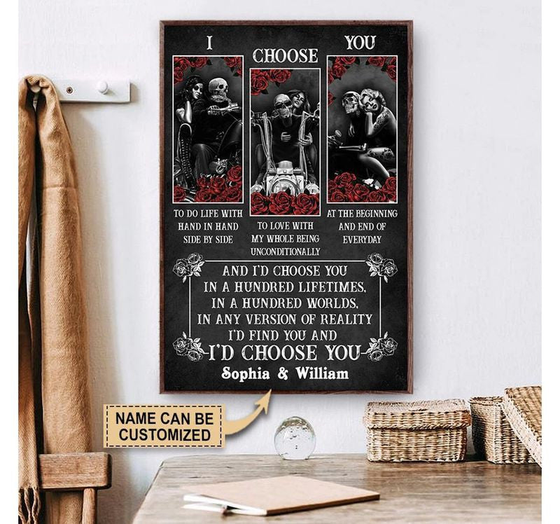Bikergod Motorcycle Skull Couple I Choose You Motorcycle Couple Custom Names Poster NANA109