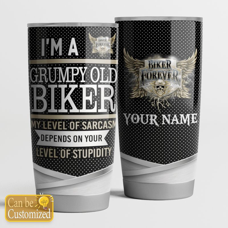 Bikergod Motorcycle I'm A Grumphy Old Biker Custom Name Steelers Stainless Steel 20 Oz Tumbler- NMT044