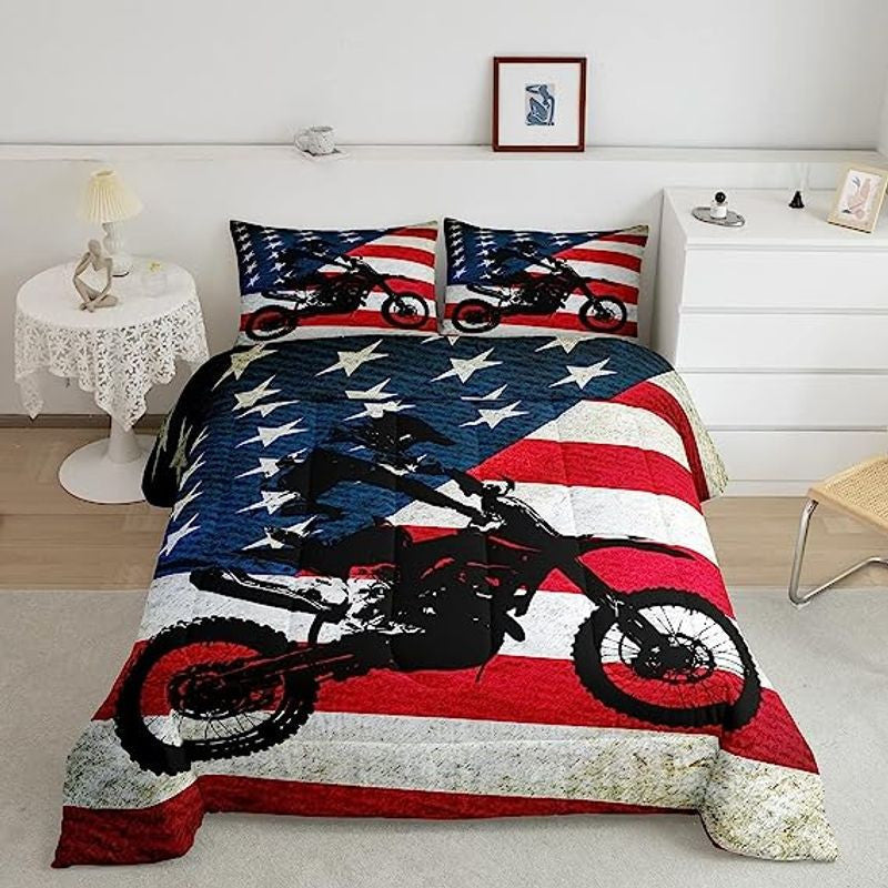 Bikergod Motorcycle American Flag 4th Of July Independence Day Bedding Set Cover Design 3D - NAIA378