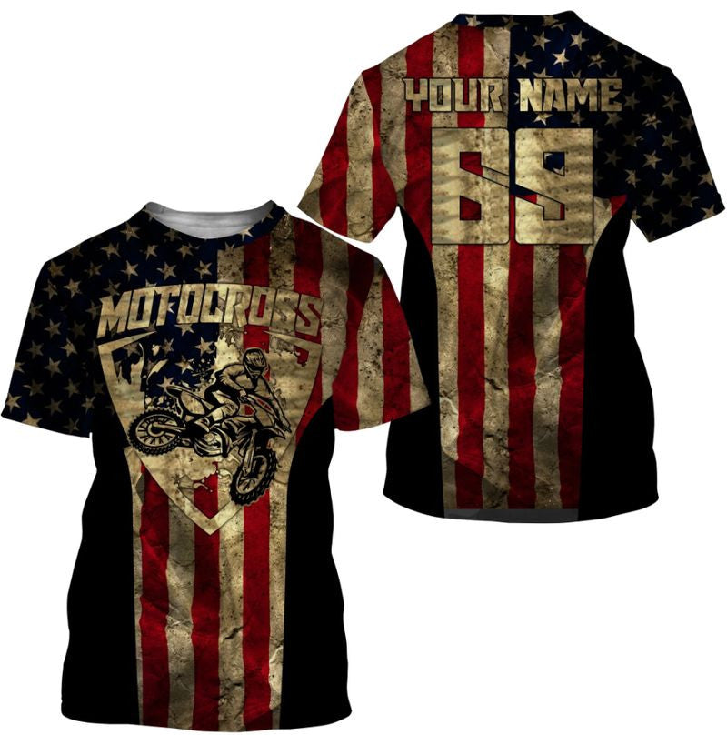 Bikergod Motorcycle Motorcross USA Flag Custom Name And Number T-shirt Design 3D Full Printed Sizes S - 5XL - NMQE01