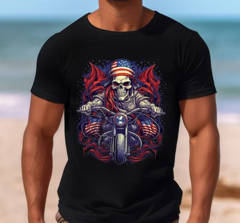 Bikergod Motorcycle Skull Biker 4th of July Independence Day T-shirt Design 2D Full Printed Sizes S - 5XL - NAIA363