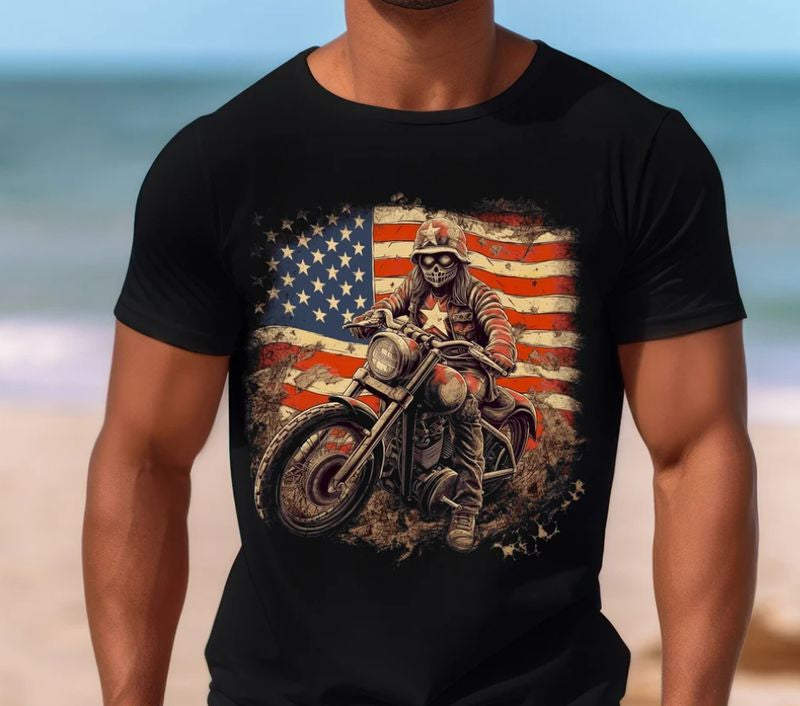 Bikergod Motorcycle Vintage Skull Biker 4th of July T-shirt Design 2D Full Printed Sizes S - 5XL - NAIA358