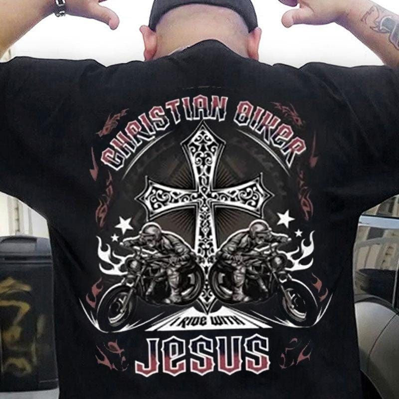 Bikergod Motorcycle Christian Biker I Ride With Jesus T-shirt Design 2D Full Printed Sizes S - 5XL - NANA185