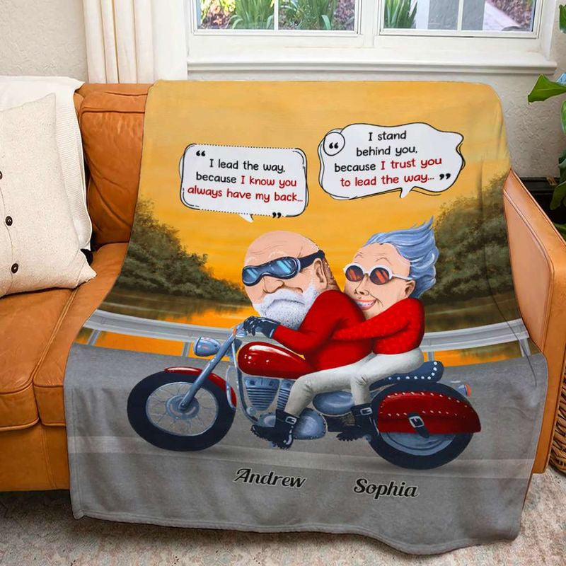 Bikergod Motorcycle Old Biker Couple I Lead The Way Because I Know You Always Have My Back Custom Names Blanket NASA83