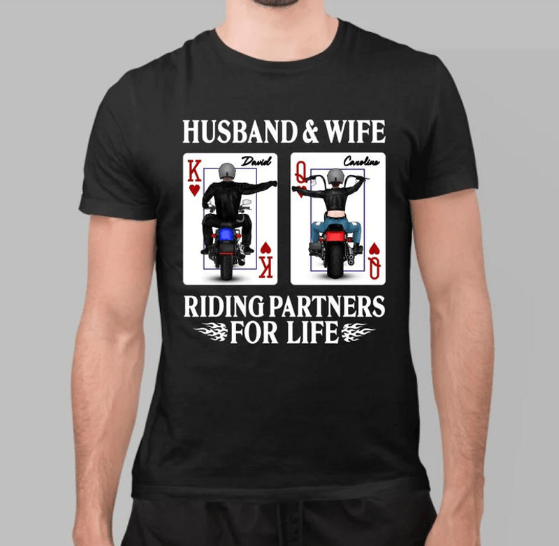 Bikergod Motorcycle Husband & Wife Riding Partner For Life Custom Name T-shirt Design 2D Full Printed Sizes S - 5XL - NMA128