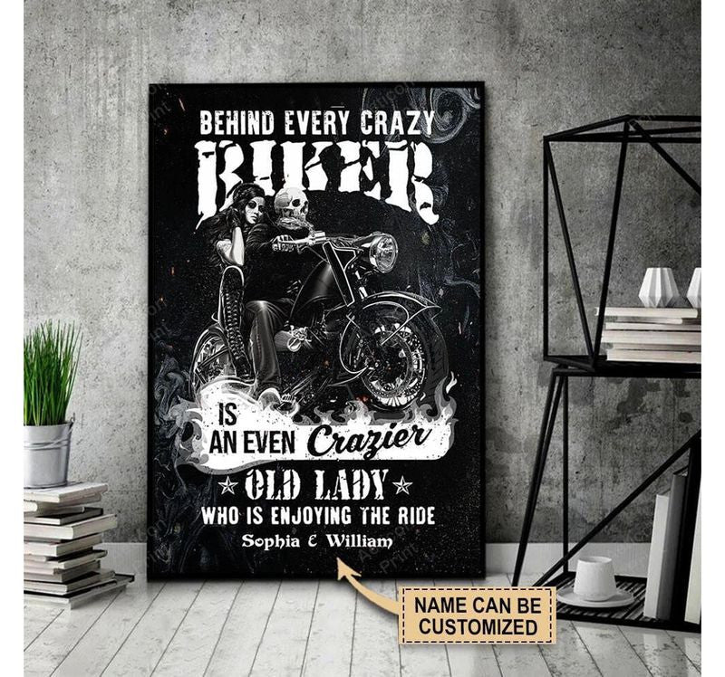 Bikergod Motorcycle Behind Every Crazy Biker Motorcycle Couple Custom Names Poster NANA116
