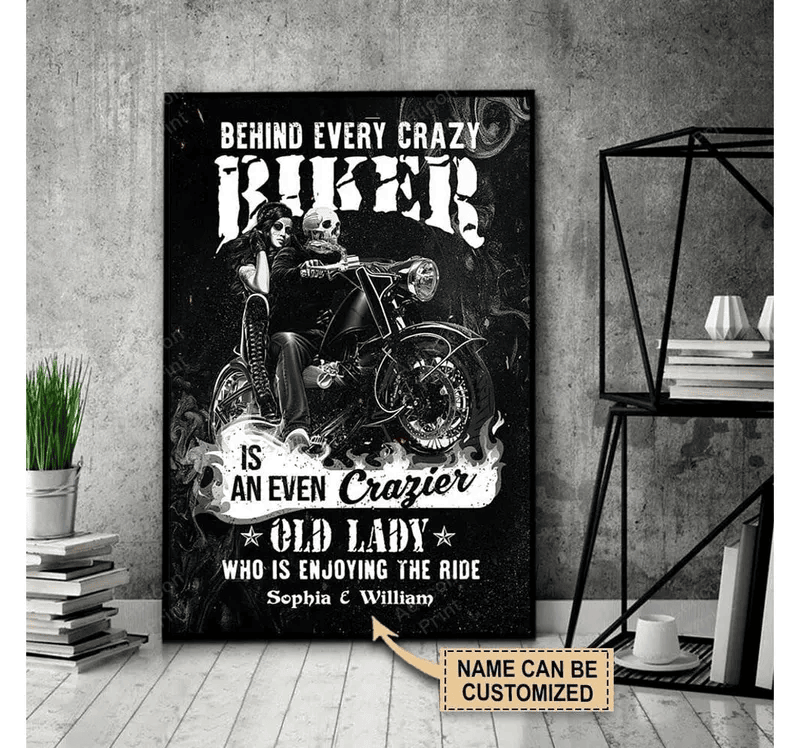 Bikergod Motorcycle Behind Every Crazy Biker Motorcycle Couple Custom Names Poster NANA116