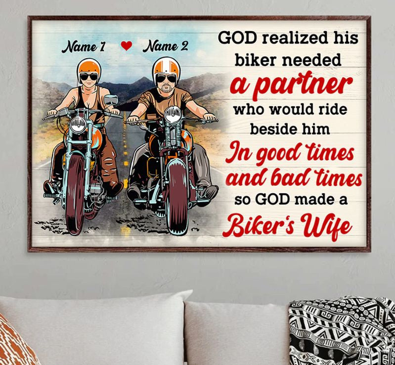 Bikergod Motorcycle God Realized His Biker Need A Partner Motorcycle Couple Custom Names Poster NASA79