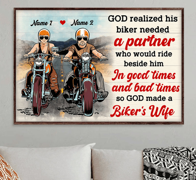 Bikergod Motorcycle God Realized His Biker Need A Partner Motorcycle Couple Custom Names Poster NASA79