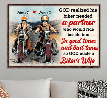 Bikergod Motorcycle God Realized His Biker Need A Partner Motorcycle Couple Custom Names Poster NASA79
