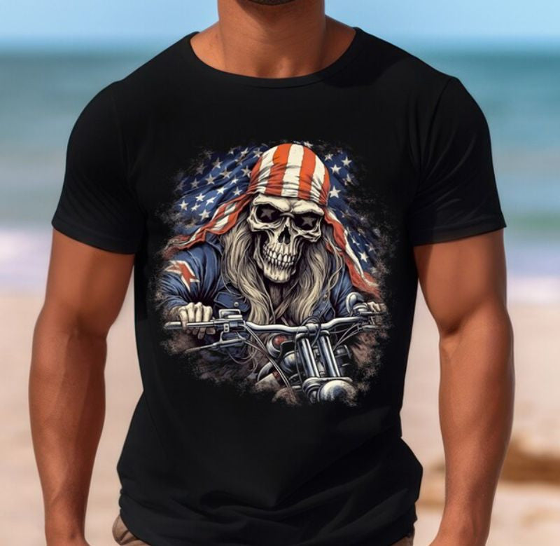 Bikergod Motorcycle Skull Biker 4th of July Independence Day T-shirt Design 2D Full Printed Sizes S - 5XL - NAIA370