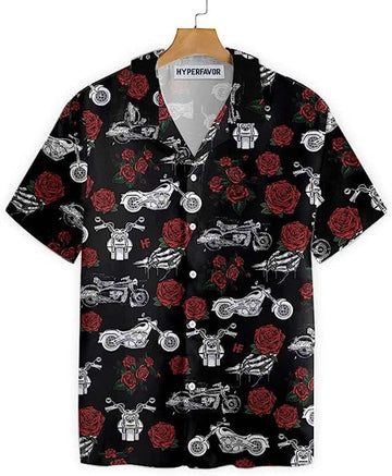 Bikergod Motorcycle Skeleton Red Rose Hawaii Shirt Design 3D Full Printed Sizes S - 5XL NASA479