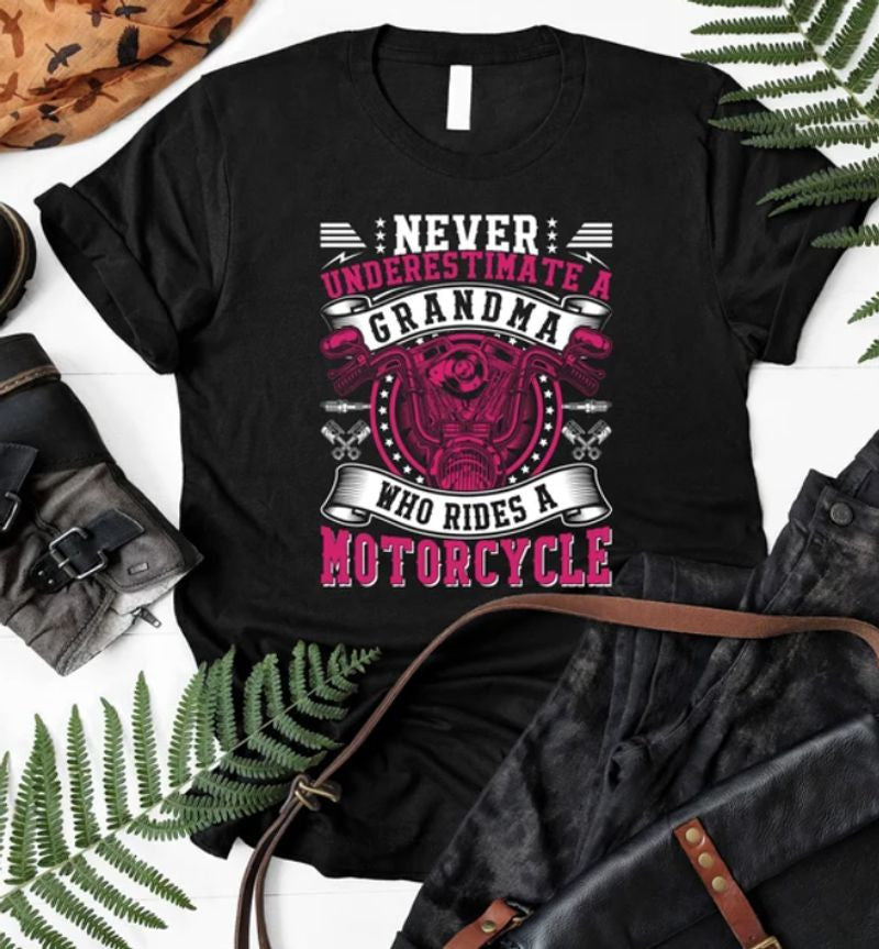 Bikergod Motorcycles Never Underestimate a Grandma Who Rides a Motorcycle T-shirt Design 2D Full Printed Sizes S - 5XL - NAEA294