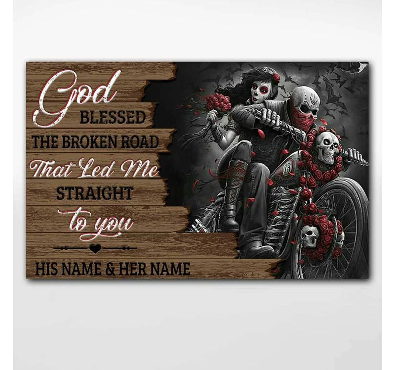 Bikergod Motorcycle God Blessed The Broken Road Motorycle Couple Custom Names Poster NANA154