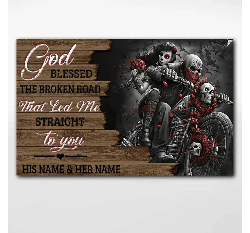 Bikergod Motorcycle God Blessed The Broken Road Motorycle Couple Custom Names Poster NANA154