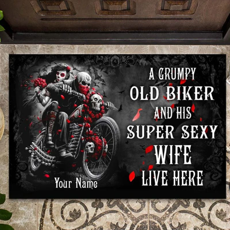 Bikergod Motorcycle Biker Couple An Old Biker and His Super Sexy Wife Live Here Doormat NASA438