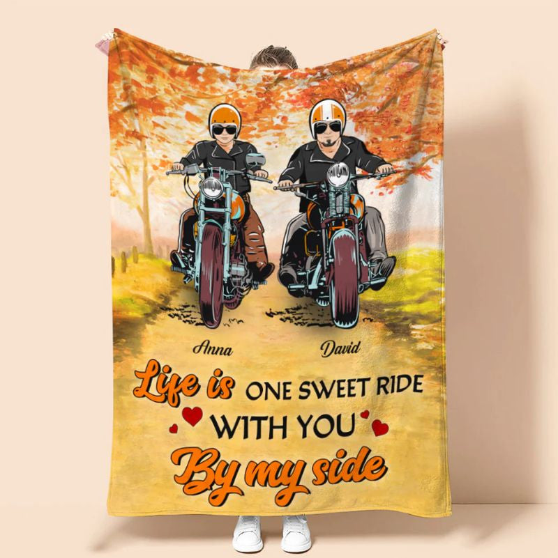 Bikergod Motorcycle Biker Couple Autumn Life Is One Sweet Ride With You Custom Names Blanket NASA89