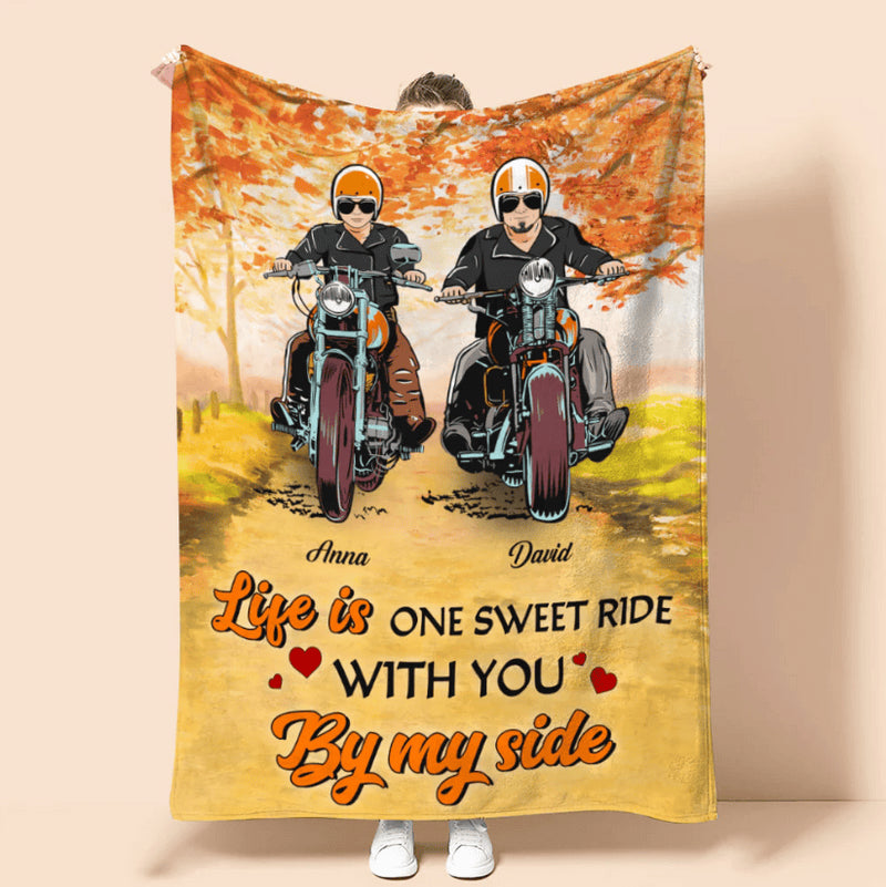 Bikergod Motorcycle Biker Couple Autumn Life Is One Sweet Ride With You Custom Names Blanket NASA89