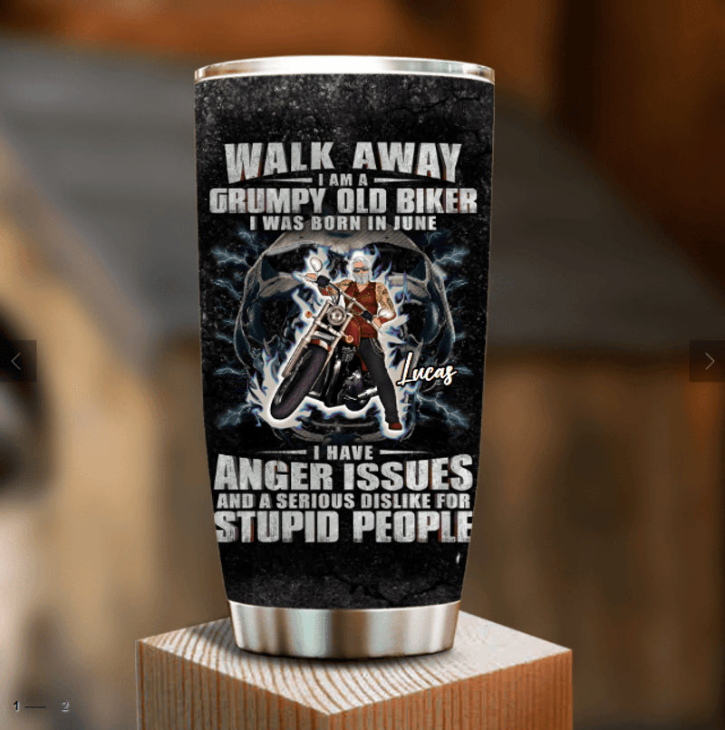Bikergod Motorcycle Walk Away I Am A Grumpy Old Biker Custom Name And Birth Month Stainless Steel 20 Oz Tumbler- NAIA297