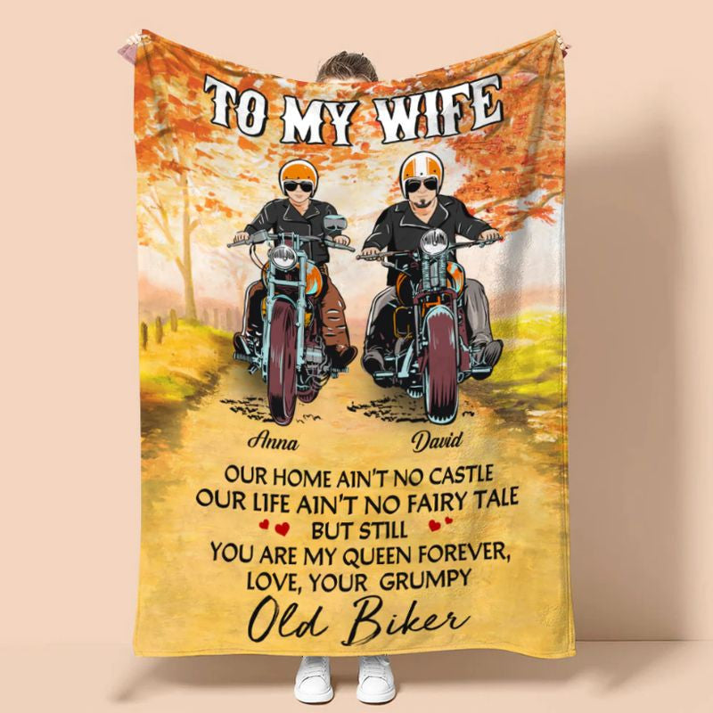Bikergod Motorcycle Biker Couple To My Wife, You Are My Queen Forever, Your Grumpy Old Biker Custom Names Blanket NASA87
