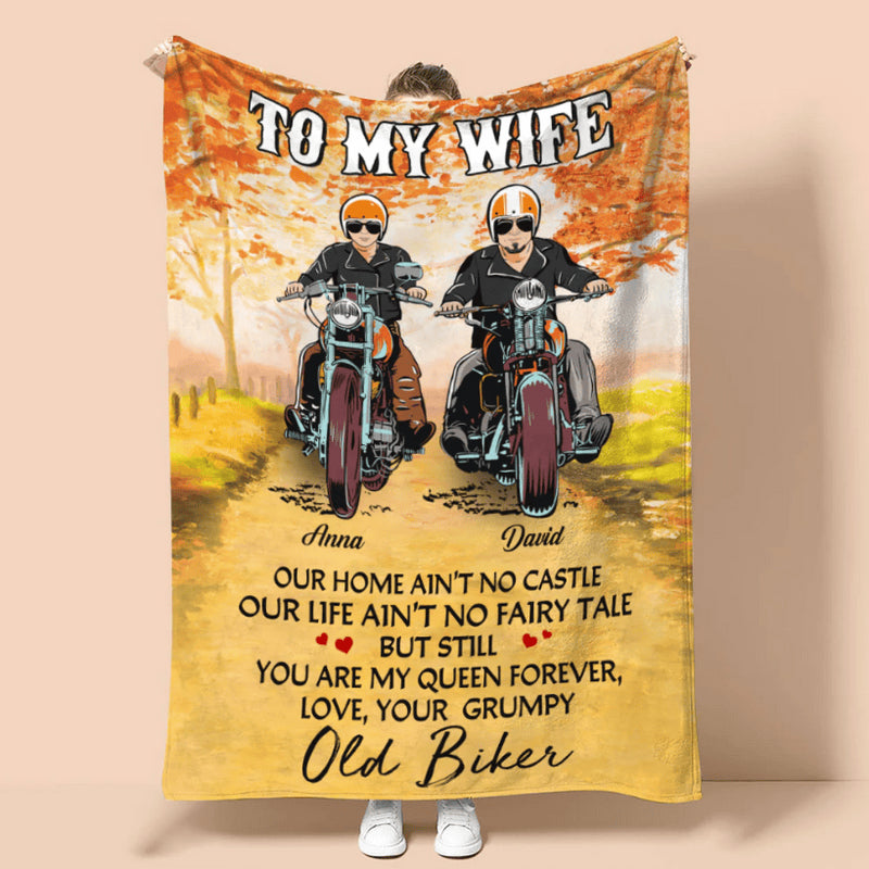 Bikergod Motorcycle Biker Couple To My Wife, You Are My Queen Forever, Your Grumpy Old Biker Custom Names Blanket NASA87