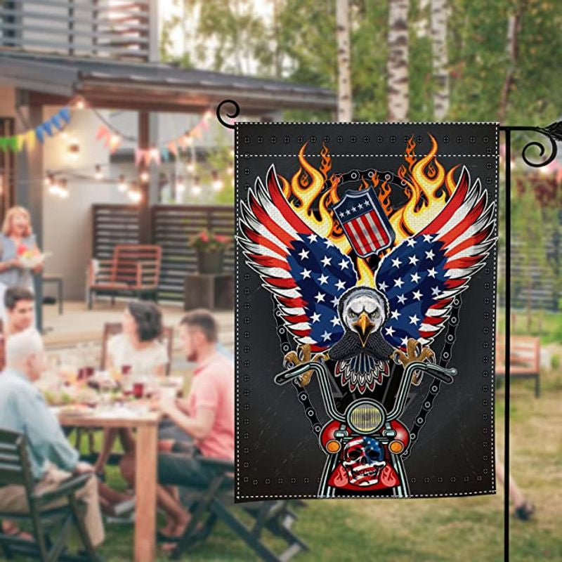 Bikergod Motorcycle July 4th Independence Day Eagle Skull Fire Garden Flag NAVA515