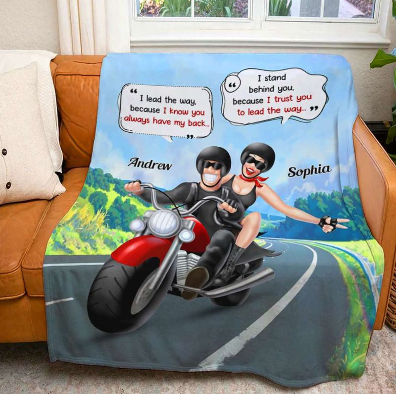 Bikergod Motorcycle Biker Couple I Lead The Way Because I Know You Always Have My Back Custom Names Blanket NASA84