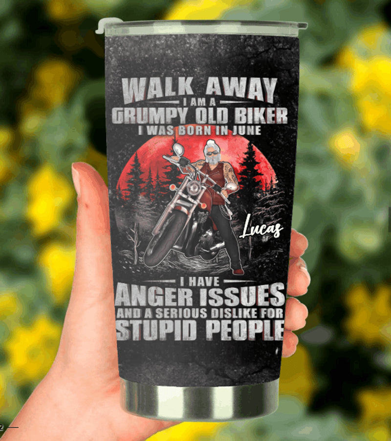 Bikergod Motorcycle Walk Away I Am A Grumpy Old Biker Custom Name And Birth Month Stainless Steel 20 Oz Tumbler- NAIA298