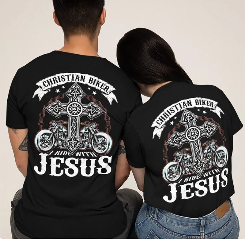 Bikergod Motorcycles Christian Biker I Ride With Jesus T-Shirt Design 2D Full Printed Sizes S - 5XL - NAEA262