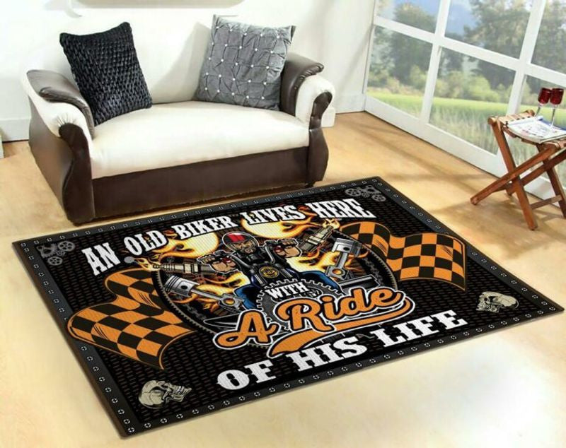 Bikergod Motorcycle Old Biker Lives Here With A Ride Of His Life Rug Home Floor Decor NADA161