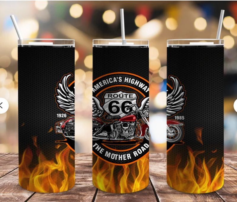 Bikergod Motorcycle Route 66 Stainless Steel 20 Oz Straight Cup- NACA06