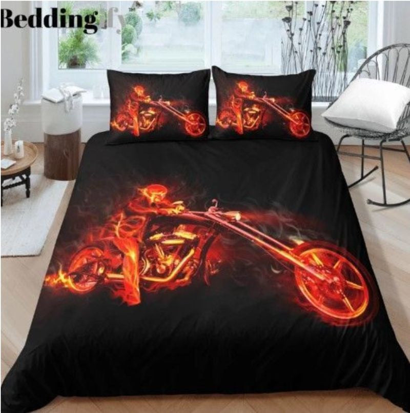 Bikergod Motorcycle Skull Flame Bedding Set Cover Design 3D - NAAH48