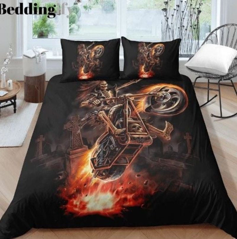 Bikergod Motorcycle Skull Flame Bedding Set Cover Design 3D - NAAH49