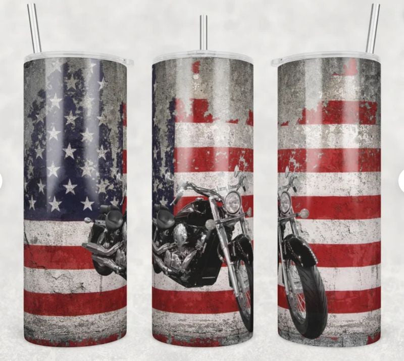 Bikergod Motorcycle American Flag Stainless Steel 20 Oz Straight Cup- NACA16