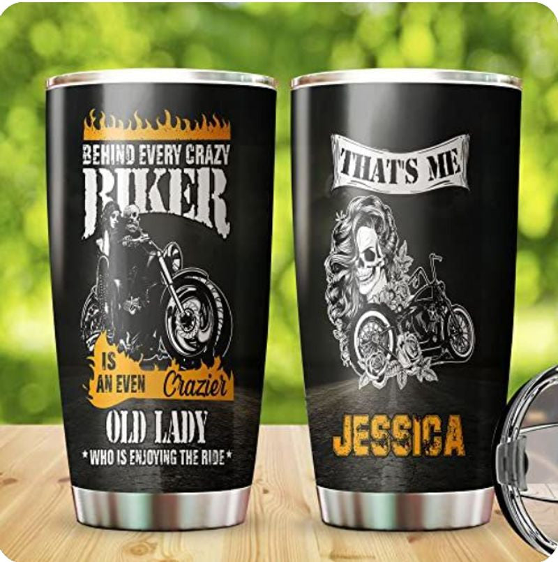 Bikergod Motorcycle Skull Biker Couple Crazy Biker Custom Name Stainless Steel 20 Oz Tumbler- NAAL219