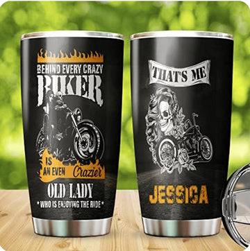 Bikergod Motorcycle Skull Biker Couple Crazy Biker Custom Name Stainless Steel 20 Oz Tumbler- NAAL219