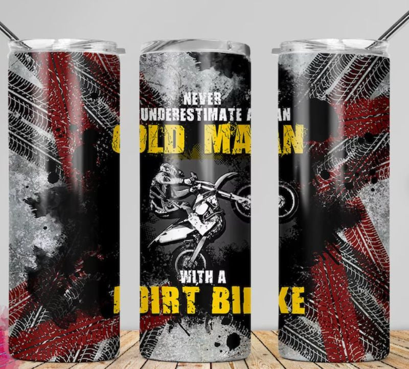 Bikergod Motorcycle Biker Old Man with Dirt Bike Stainless Steel 20 Oz Straight Cup- NACA36