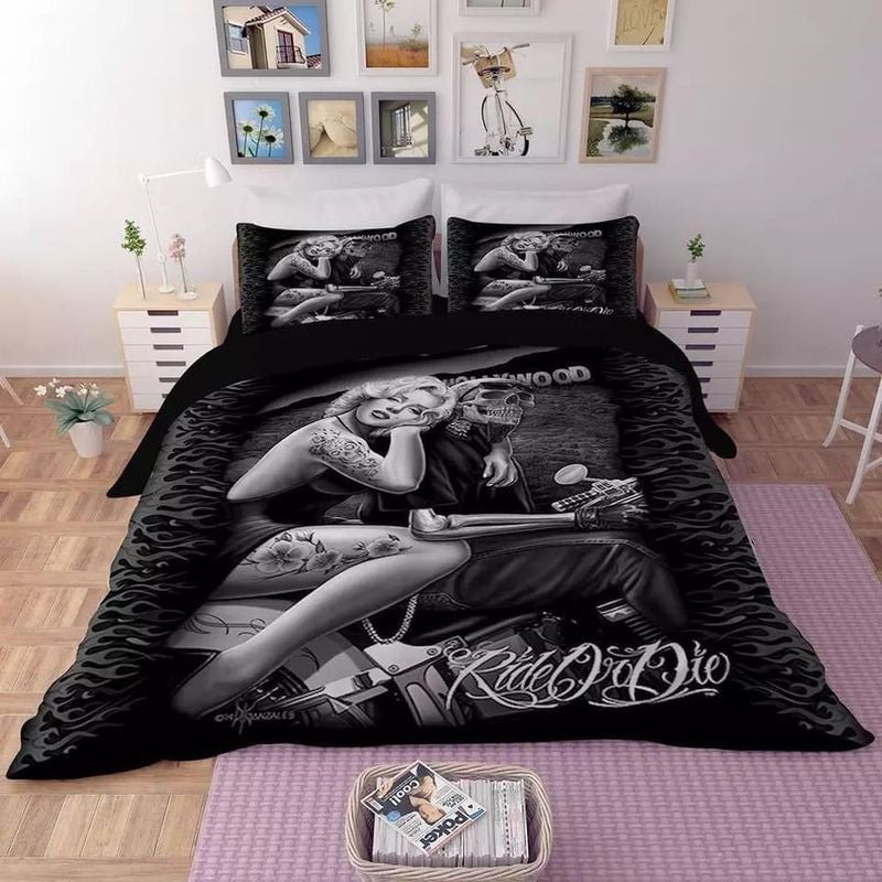 Bikergod Motorcycle Ride Or Die Skull And Girl Bedding Set Cover Design 3D - NAAH58