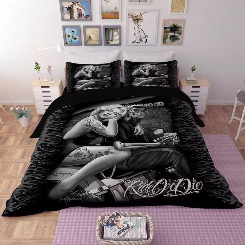 Bikergod Motorcycle Ride Or Die Skull And Girl Bedding Set Cover Design 3D - NAAH58