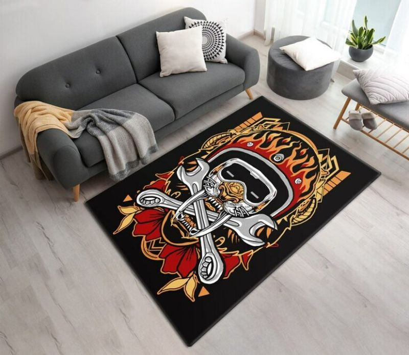 Bikergod Motorcycle Tiger Skull Biker With Fire Rug Home Floor Decor NADA158