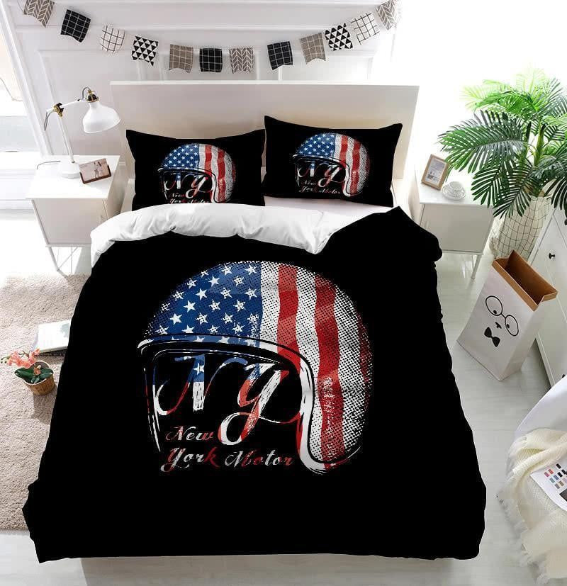 Bikergod Motorcycle American Flag Bedding Set Cover Design 3D - NAAH44