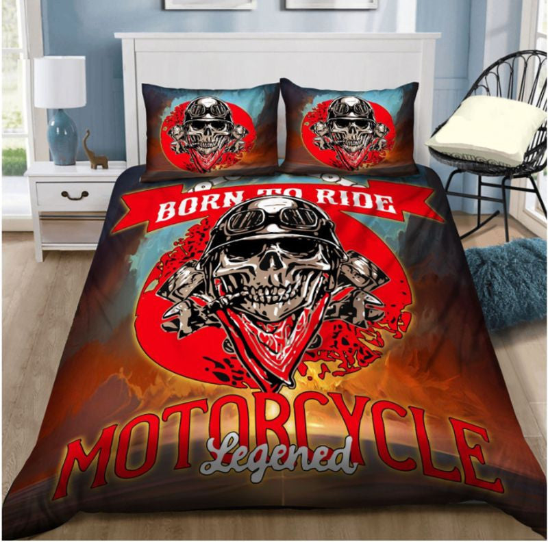 Bikergod Motorcycle Born To Ride Skull And Girl Bedding Set Cover Design 3D - NAAH59